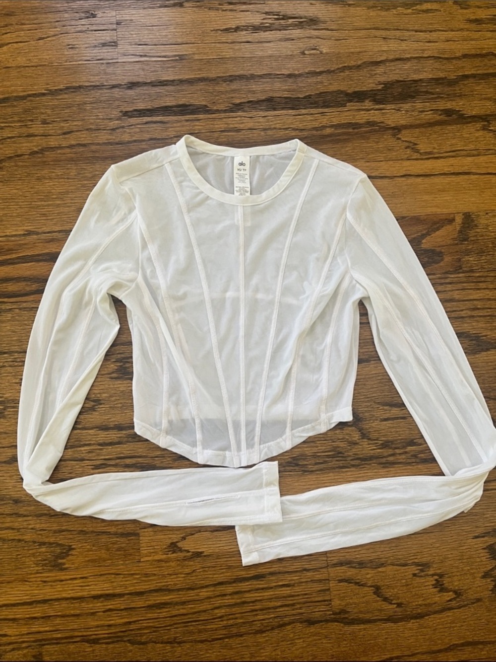 ALO Yoga Cream Sheer Long-Sleeve Cropped Mesh Top